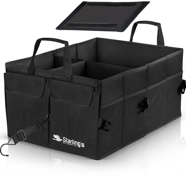 Starling's Car Trunk Organizer - Super Strong, Foldable Storage Cargo Box for SUV, Auto, Truck - Nonslip Waterproof Bottom, Fits any Vehicle, Come w/ Adjustable Tie-Down Straps (Black, 2 Compartments) [List Price $59.79] [Sale Price $29.97]