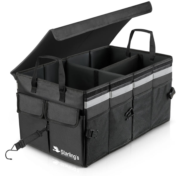 Starling's Car Trunk Organizer - Super Strong, Foldable Storage Cargo Box for SUV, Auto, Truck - Nonslip Waterproof Bottom, W/ Tie-Down Straps &amp; a LID (Black, 2 Compartments)